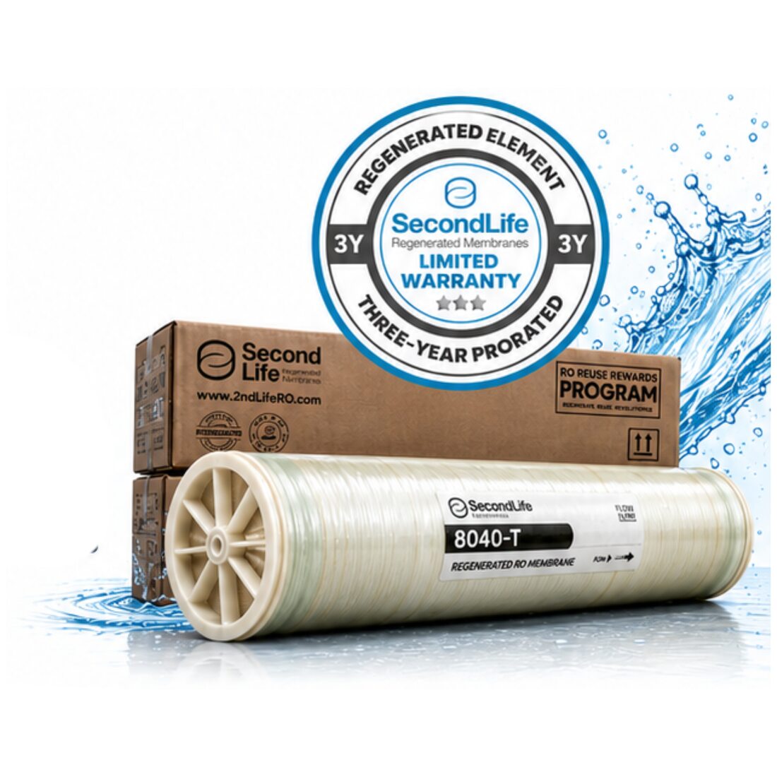 Second Life RO regenerated element with its carton and the 3-year prorated limited warranty seal